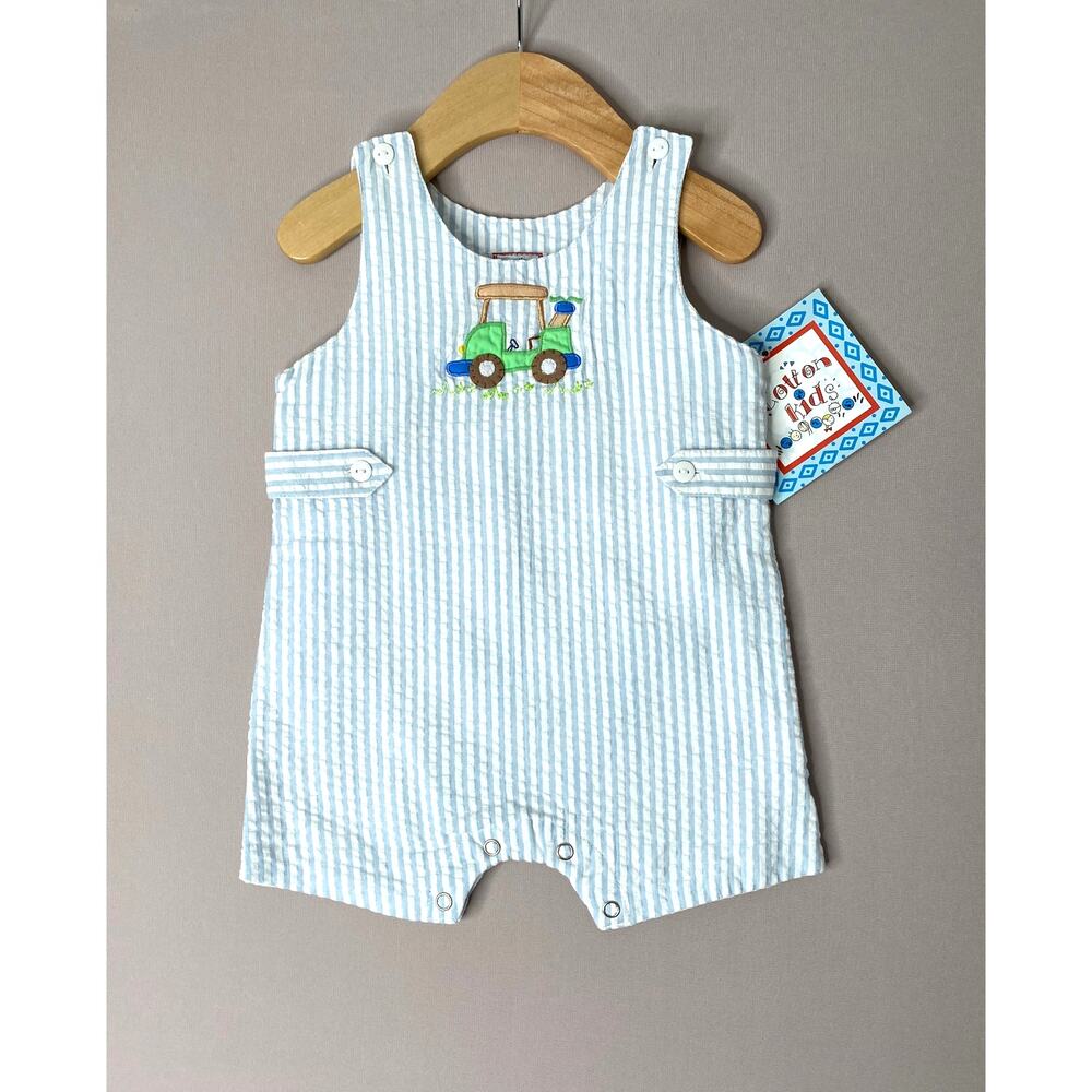 NWT Cotton Kids Blue Seersucker Golf Cart Appliqué Jon Jon Romper
